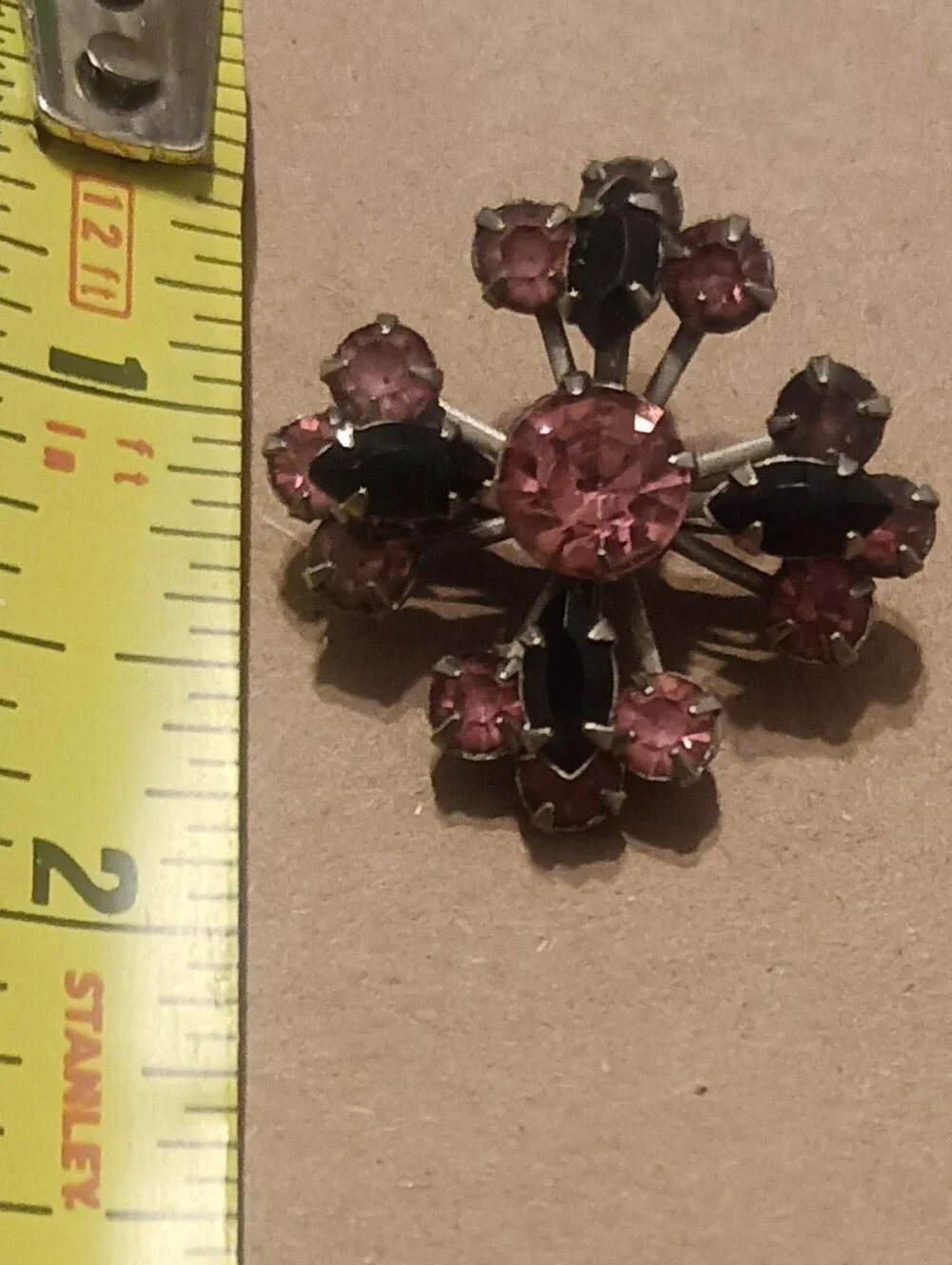 Vintage-Inspired Pink and Black Crystal Floral Brooch